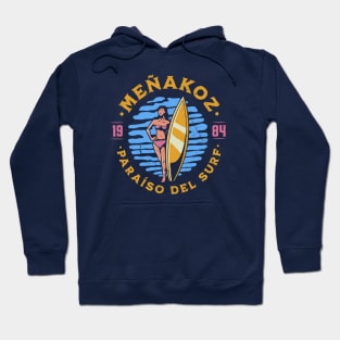 Vintage Meñakoz, Spain Surfer's Paradise // Retro Surfing 1980s Badge Hoodie